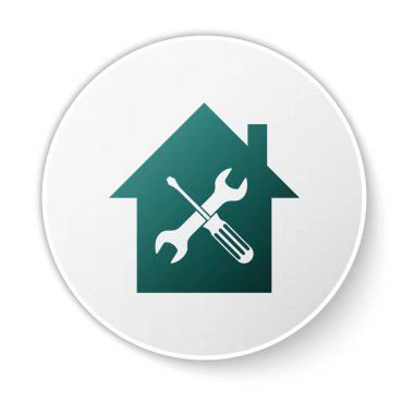 Yeşil ev veya beyaz arka planda izole tornavida ve anahtar simgesi ile ev. Ayarlama, hizmet, ayarlama, bakım, onarım, sabitleme. Beyaz daire düğmesi. Vektör Illustration