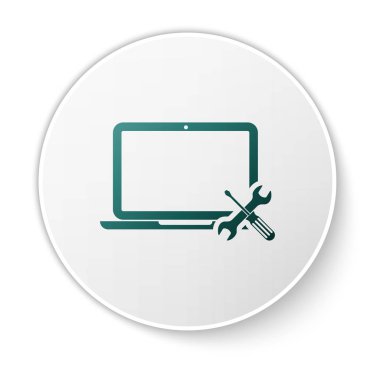 Beyaz arka planda izole tornavida ve anahtar simgesi ile yeşil laptop. Ayarlama, hizmet, ayarlama, bakım, onarım, sabitleme. Beyaz daire düğmesi. Vektör Illustration