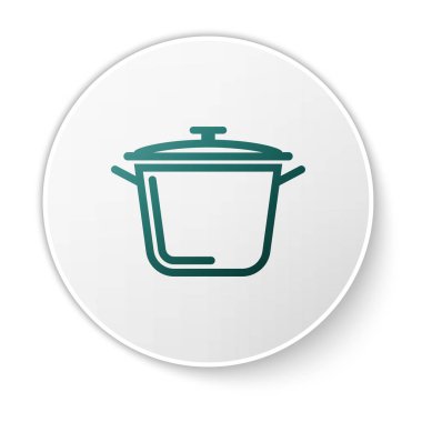 Yeşil Pişirme pot simgesi beyaz arka plan üzerinde izole. Kaynatın veya güveç gıda sembolü. Beyaz daire düğmesi. Vektör İllüstrasyonu
