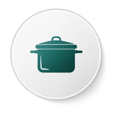 Yeşil Pişirme pot simgesi beyaz arka plan üzerinde izole. Kaynatın veya güveç gıda sembolü. Beyaz daire düğmesi. Vektör İllüstrasyonu