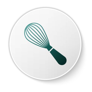 Yeşil Mutfak çırpma simgesi beyaz arka plan üzerinde izole. Pişirme aleti, yumurta çırpıcı. Çatal bıçak takımı işareti. Gıda karışımı sembolü. Beyaz daire düğmesi. Vektör İllüstrasyonu