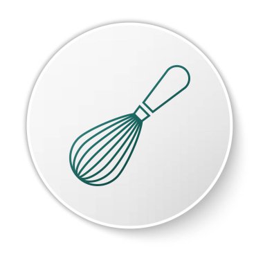 Yeşil Mutfak çırpma simgesi beyaz arka plan üzerinde izole. Pişirme aleti, yumurta çırpıcı. Çatal bıçak takımı işareti. Gıda karışımı sembolü. Beyaz daire düğmesi. Vektör İllüstrasyonu