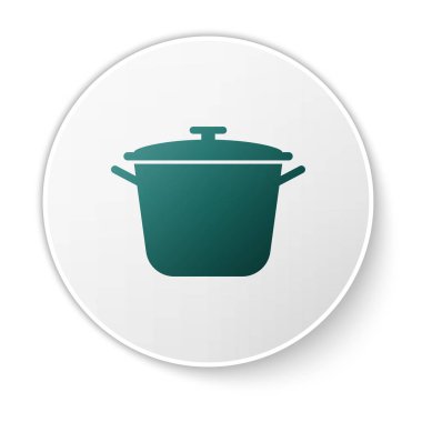 Yeşil Pişirme pot simgesi beyaz arka plan üzerinde izole. Kaynatın veya güveç gıda sembolü. Beyaz daire düğmesi. Vektör İllüstrasyonu