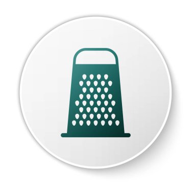 Yeşil Grater simgesi beyaz arkaplanda izole edildi. Mutfak sembolü. Mutfak aletleri. Çatal bıçak seti. Beyaz daire düğmesi. Vektör İllüstrasyonu