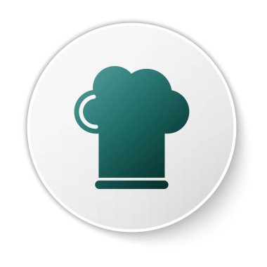 Yeşil Chef şapka simgesi beyaz arka plan üzerinde izole. Pişirme sembolü. Aşçı şapkası. Beyaz daire düğmesi. Vektör İllüstrasyonu