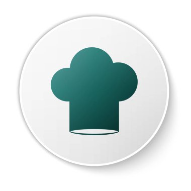 Yeşil Chef şapka simgesi beyaz arka plan üzerinde izole. Pişirme sembolü. Aşçı şapkası. Beyaz daire düğmesi. Vektör İllüstrasyonu