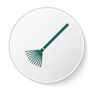 Yeşil Bahçe beyaz arka plan üzerinde izole yaprakları simgesi için tırmık. Bahçecilik, tarım, tarım için bir araç. Yer kültivatör. Beyaz daire düğmesi. Vektör İllüstrasyonu