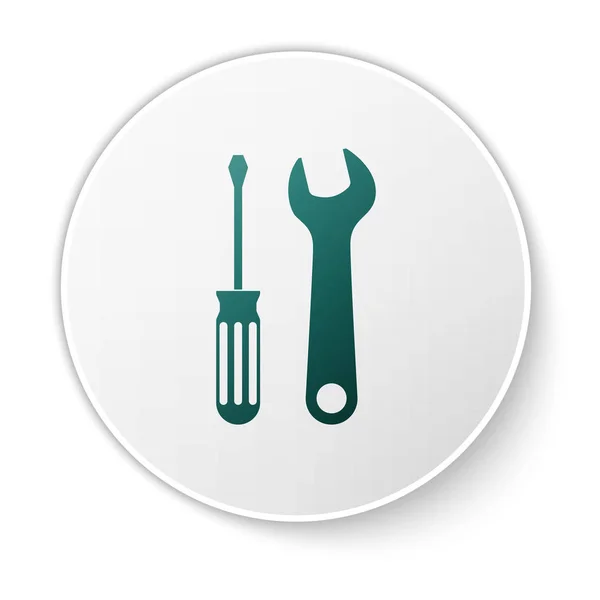 Chave de fenda verde e chave de ferramentas ícone isolado no fundo branco. Símbolo da ferramenta de serviço. Botão de círculo branco. Ilustração vetorial —  Vetores de Stock