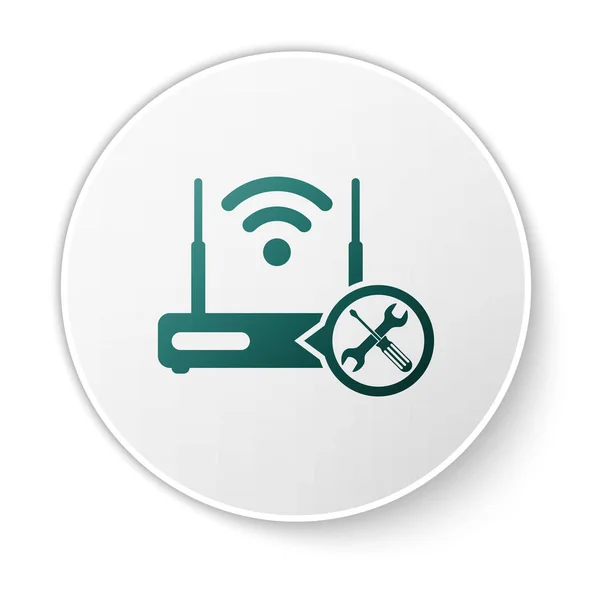 Grön router Wi-Fi med skruvmejsel och skiftnyckelikon isolerad på vit bakgrund. Justering, service, inställning, underhåll, reparation, fixering. Vit cirkel knapp. Vektor illustration — Stock vektor