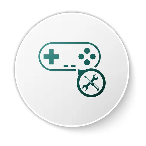 Green Gamepad com chave de fenda e ícone de chave de fenda isolado no fundo branco. Ajuste, serviço, configuração, manutenção, reparação, fixação. Botão de círculo branco. Ilustração vetorial — Vetor de Stock