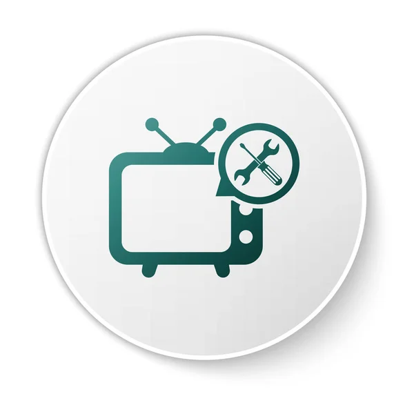 Grüner Fernseher mit Schraubenzieher und Schraubenschlüssel-Symbol auf weißem Hintergrund. Anpassung, Service, Einstellung, Wartung, Reparatur, Reparatur. weißer Kreis-Knopf. Vektorillustration — Stockvektor