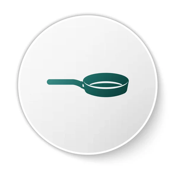 Icono de sartén verde aislado sobre fondo blanco. Símbolo de comida asada o frita. Botón círculo blanco. Ilustración vectorial — Vector de stock