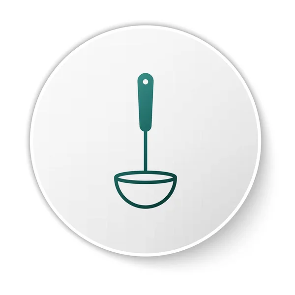 Yeşil Mutfak kepçe simgesi beyaz arka plan üzerinde izole. Pişirme aleti. Çatal kaşık işareti. Beyaz daire düğmesi. Vektör İllüstrasyonu — Stok Vektör