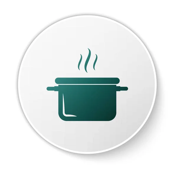 Zöld főző pot ikon izolált fehér háttér. Forraljuk vagy pörkölt élelmiszer-szimbólum. Fehér kör gomb. Vektoros illusztráció — Stock Vector