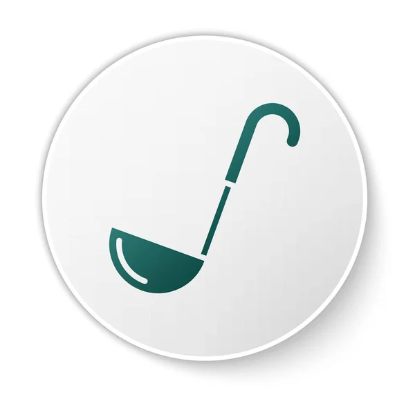 Groene keuken pollepel pictogram geïsoleerd op witte achtergrond. Koken gebruiksvoorwerp. Bestek lepel teken. Witte cirkel knop. Vector illustratie — Stockvector