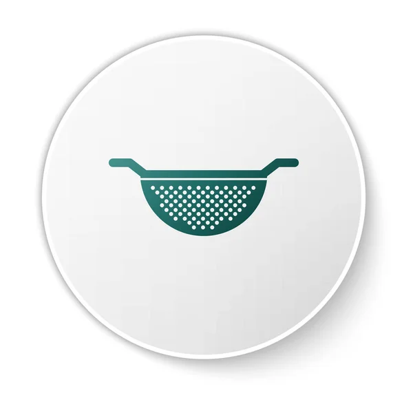 Grüne Küche Sieb Symbol isoliert auf weißem Hintergrund. Kochutensilien. Besteckschild vorhanden. Weißer Kreis-Knopf. Vektorillustration — Stockvektor