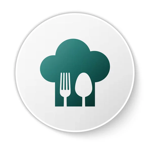 Groene chef hoed met vork en lepel pictogram geïsoleerd op witte achtergrond. Kook symbool. Restaurant menu. Koks hoed. Witte cirkel knop. Vector illustratie — Stockvector