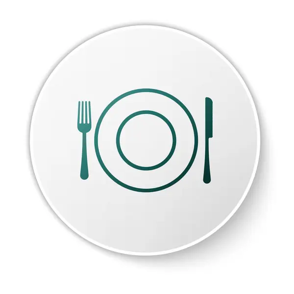 Placa verde, tenedor y cuchillo icono aislado sobre fondo blanco. Símbolo de cubertería. Signo del restaurante. Botón círculo blanco. Ilustración vectorial — Vector de stock