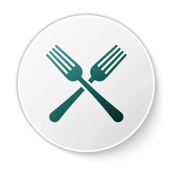 На белом фоне выделена иконка "Green Crossed fork". Символ столовых приборов. Кнопка белого круга. Векторная миграция — стоковый вектор