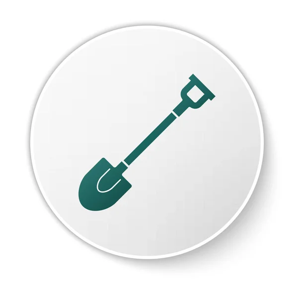 Green Garden shovel icon isolated on white background. Gardening tool. Tool for horticulture, agriculture, farming. White circle button. Vector Illustration — Stock Vector