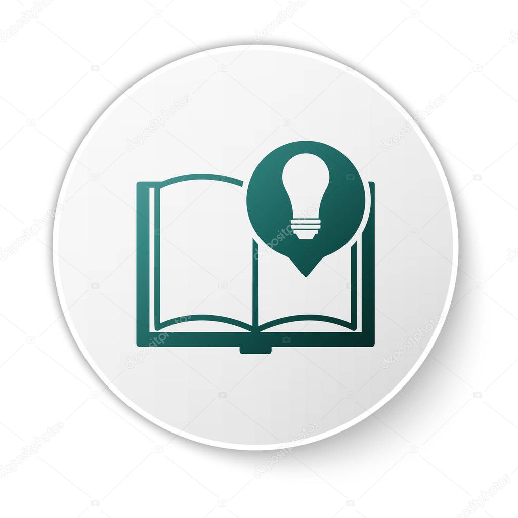 Green Interesting facts icon isolated on white background. Book or article and light bulb. White circle button. Vector Illustration