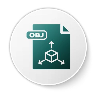 Yeşil Obj dosya belgesi. Beyaz arka planda yalıtılmış obj düğme simgesini indirin. Obj dosya sembolü. Beyaz daire düğmesi. Vektör İllüstrasyonu