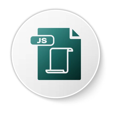 Yeşil Js dosya belgesi. Beyaz arka planda yalıtılmış js düğme simgesini indirin. Js dosya sembolü. Beyaz daire düğmesi. Vektör İllüstrasyonu