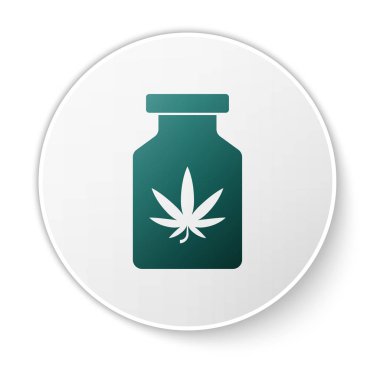 Beyaz arka planda marihuana ya da kenevir yaprağı ikonu bulunan yeşil tıbbi şişe. Kavanozlardaki kenevir yağı özlerini taklit et. Beyaz daire düğmesi. Vektör İllüstrasyonu