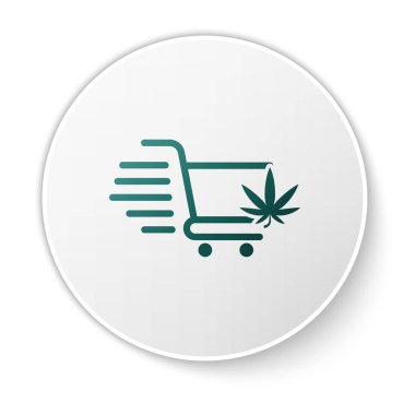 Beyaz arka plan üzerinde izole esrar veya esrar yaprağı simgesi ile Yeşil Alışveriş sepeti. Online satın alma. Teslimat hizmeti. Süpermarket sepeti. Beyaz daire düğmesi. Vektör İllüstrasyonu