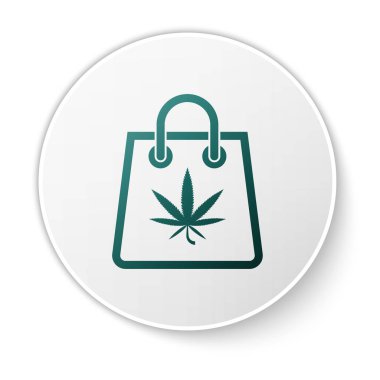 Beyaz arka planda izole edilmiş Yeşil Marihuana veya kenevir yaprağı ikonu torbası. Kenevir almak. Kenevir sembolü. Beyaz daire düğmesi. Vektör İllüstrasyonu