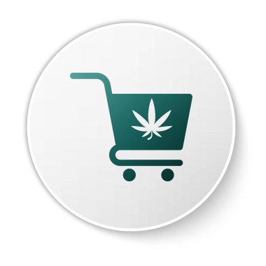 Beyaz arka plan üzerinde izole esrar veya esrar yaprağı simgesi ile Yeşil Alışveriş sepeti. Online satın alma. Teslimat hizmeti. Süpermarket sepeti. Beyaz daire düğmesi. Vektör İllüstrasyonu