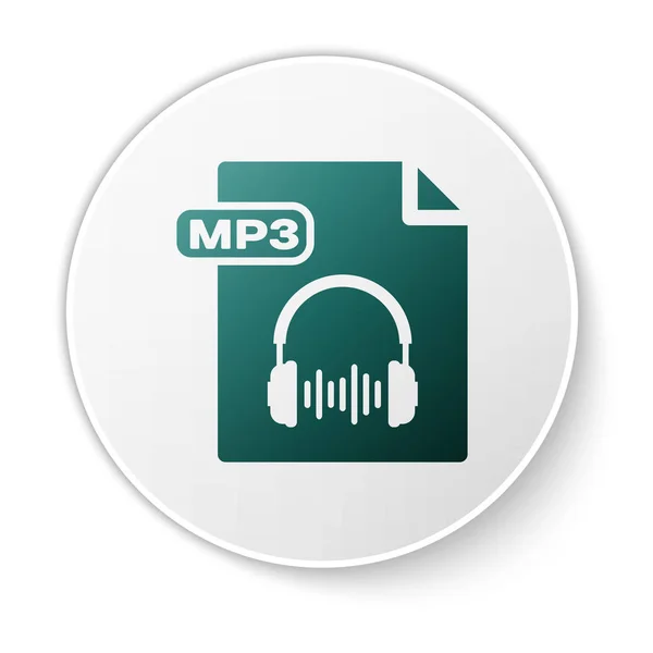 Documento de archivo MP3 verde. Descargar icono del botón mp3 aislado sobre fondo blanco. Signo de formato de música Mp3. Símbolo de archivo MP3. Botón círculo blanco. Ilustración vectorial — Vector de stock