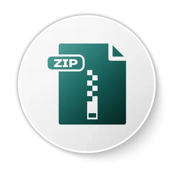 Зеленый документ ZIP. Иконка кнопки выделена на белом фоне. Символ файла ZIP. Кнопка белого круга. Векторная миграция — стоковый вектор