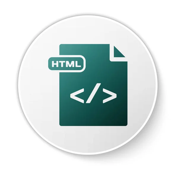 Grüne HTML-Datei Dokument. HTML-Symbol auf weißem Hintergrund isoliert herunterladen. HTML-Dateisymbol. Markup-Sprachsymbol. weißer Kreis-Knopf. Vektorillustration — Stockvektor