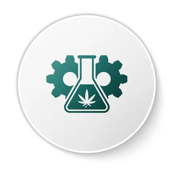 Πράσινο χημικό δοκιμαστικό σωλήνα με το εικονίδιο της μαριχουάνας ή του φύλλου κάνναβης απομονώνεται σε λευκό φόντο. Η ιδέα της έρευνας. Εργαστηριακή ιδέα του πετρελαίου CBD. Κουμπί λευκού κύκλου. Απεικόνιση διανυσματικών φορέων — Διανυσματικό Αρχείο