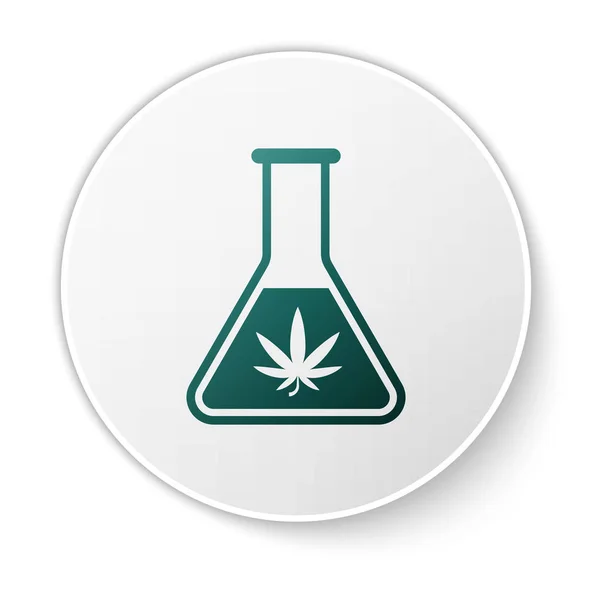 Tubo de ensayo Green Chemical con marihuana o icono de hoja de cannabis aislado sobre fondo blanco. Concepto de investigación. Concepto de aceite de CBD de laboratorio. Botón círculo blanco. Ilustración vectorial — Vector de stock