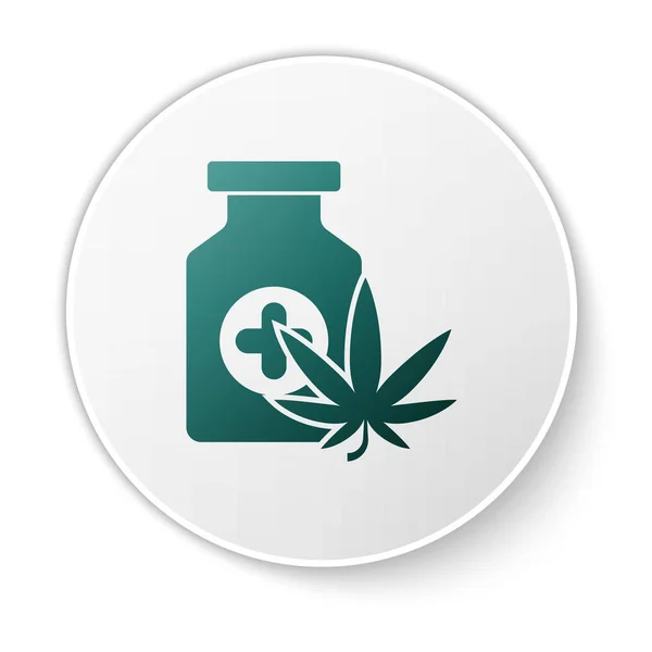 Beyaz arka planda marihuana ya da kenevir yaprağı ikonu bulunan yeşil tıbbi şişe. Kavanozlardaki kenevir yağı özlerini taklit et. Beyaz daire düğmesi. Vektör İllüstrasyonu — Stok Vektör