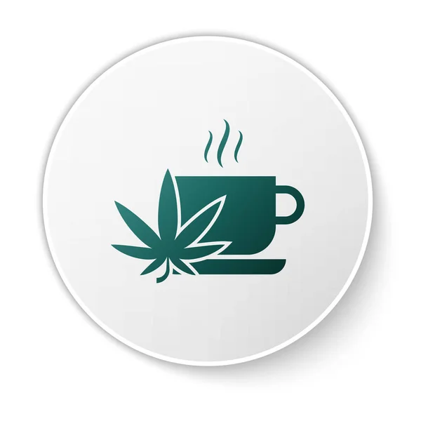 Beyaz arka plan üzerinde izole esrar veya kenevir yaprağı simgesi ile Yeşil Fincan çay. Marihuana yasallaştırma. Kenevir sembolü. Beyaz daire düğmesi. Vektör İllüstrasyonu — Stok Vektör