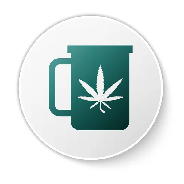 Tè Green Cup con icona di marijuana o foglie di cannabis isolata su sfondo bianco. Legalizzazione della marijuana. Simbolo di canapa. Pulsante cerchio bianco. Illustrazione vettoriale — Vettoriale Stock