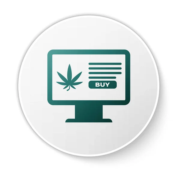 Monitor de computador verde e marijuana medicinal ou ícone de folha de cannabis isolado no fundo branco. Símbolo de compra online. Cesta de supermercado. Botão de círculo branco. Ilustração vetorial — Vetor de Stock