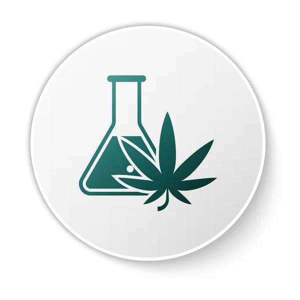 Tubo de ensayo Green Chemical con marihuana o icono de hoja de cannabis aislado sobre fondo blanco. Concepto de investigación. Concepto de aceite de CBD de laboratorio. Botón círculo blanco. Ilustración vectorial — Vector de stock