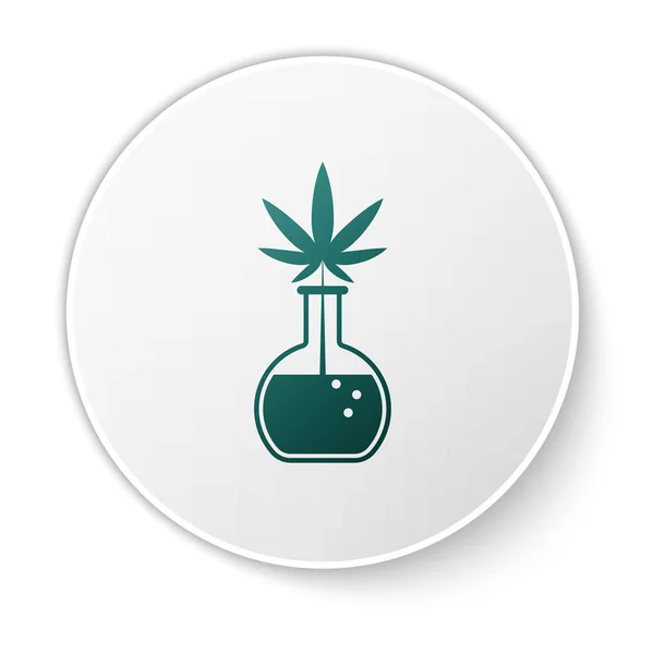 Green Chemical test tube with marijuana or cannabis leaf icon isolated on white background. Research concept. Laboratory CBD oil concept. White circle button. Vector Illustration — Stock Vector