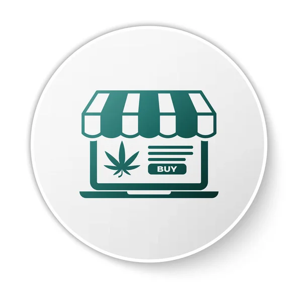 Green Laptop y marihuana medicinal o icono de la hoja de cannabis aislado sobre fondo blanco. Símbolo de compra online. Cesta del supermercado. Botón círculo blanco. Ilustración vectorial — Vector de stock