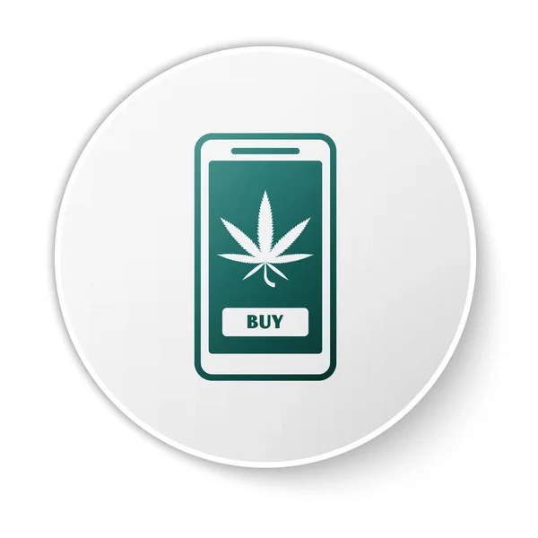 Telefone móvel verde e maconha medicinal ou ícone de folha de cannabis isolado no fundo branco. Símbolo de compra online. Cesta de supermercado. Botão de círculo branco. Ilustração vetorial — Vetor de Stock