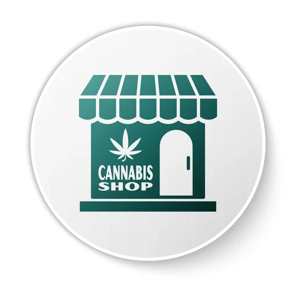 Icono de la tienda de marihuana verde y cannabis aislado sobre fondo blanco. Equipos y accesorios para fumar, almacenar cannabis medicinal. Botón círculo blanco. Ilustración vectorial — Vector de stock