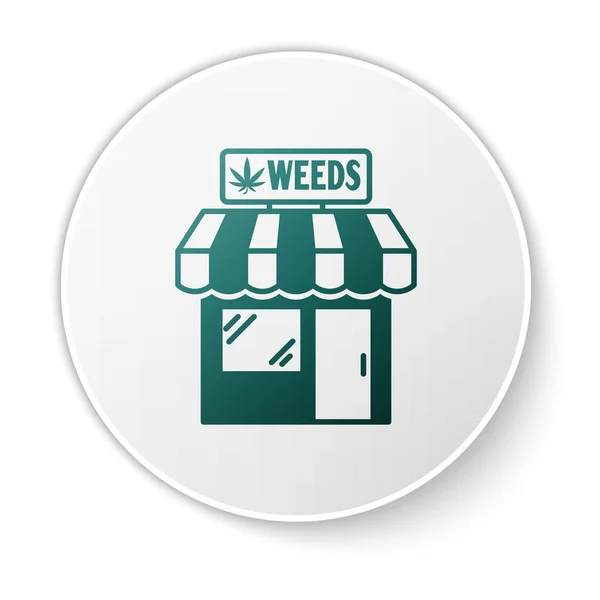Icono de la tienda de marihuana verde y cannabis aislado sobre fondo blanco. Equipos y accesorios para fumar, almacenar cannabis medicinal. Botón círculo blanco. Ilustración vectorial — Vector de stock