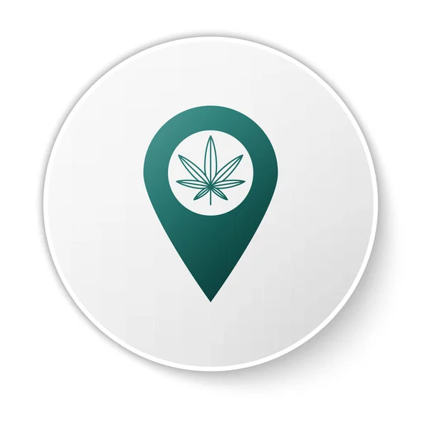 Green Map puntero y marihuana o icono de la hoja de cannabis aislado sobre fondo blanco. Un símbolo de cáñamo. Botón círculo blanco. Ilustración vectorial — Archivo Imágenes Vectoriales