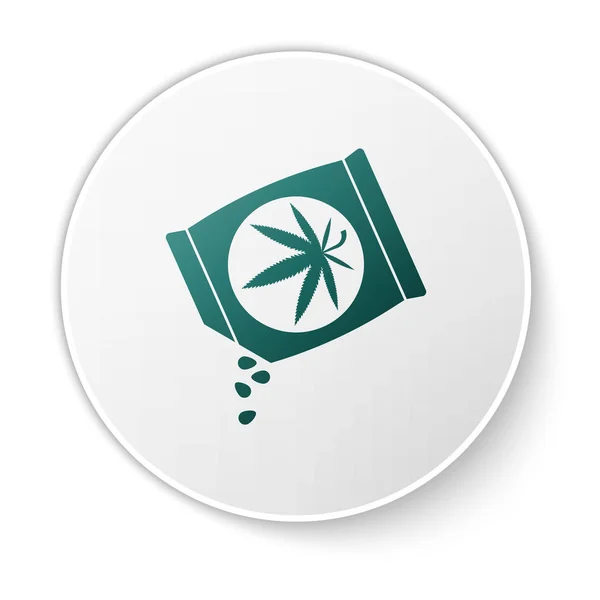 Marihuana verde o semillas de cannabis en una bolsa icono aislado sobre fondo blanco. Un símbolo de cáñamo. El proceso de plantación de marihuana. Botón círculo blanco. Ilustración vectorial — Vector de stock