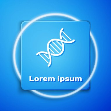 Mavi arka planda izole edilmiş beyaz DNA simgesi. Mavi kare düğmesi. Vektör İllüstrasyonu