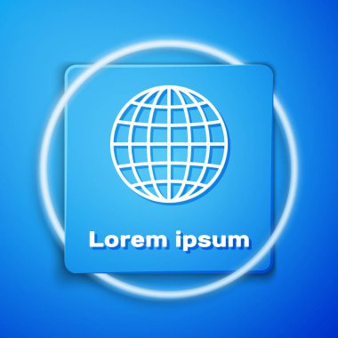 Beyaz Dünya simgesi mavi arka plan üzerinde izole. Mavi kare düğmesi. Vektör İllüstrasyonu